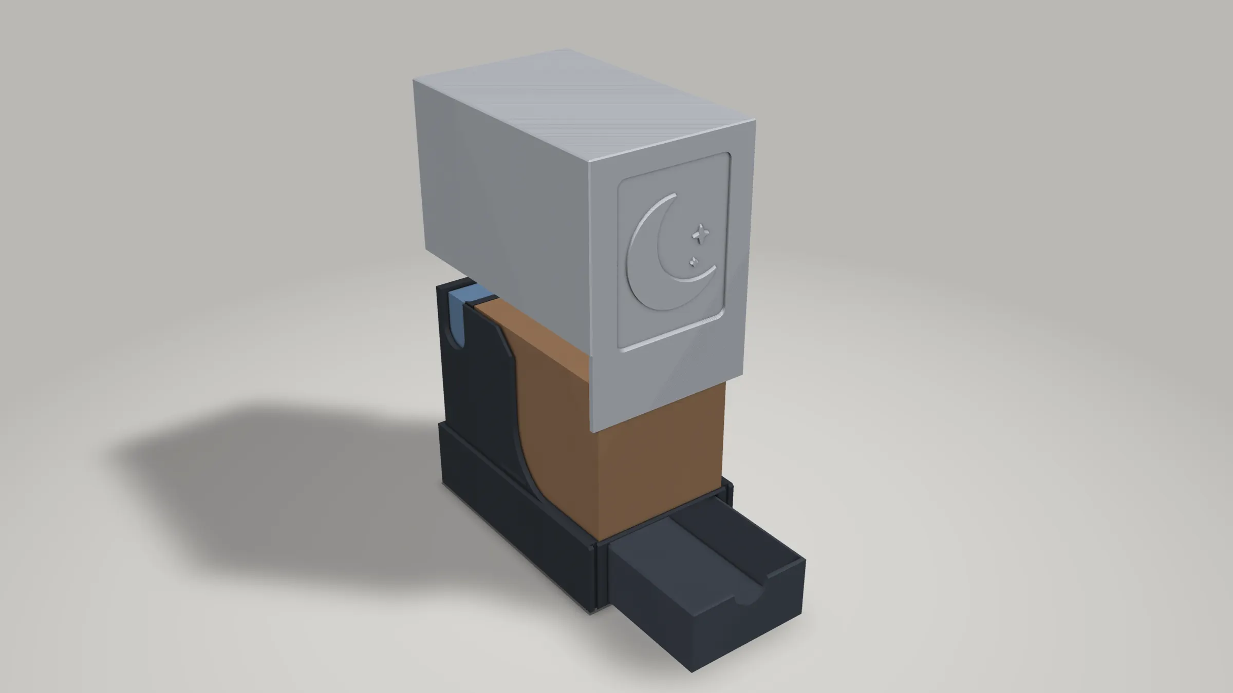 Render of a printed card-deck caddy with its lid lifted and drawer open