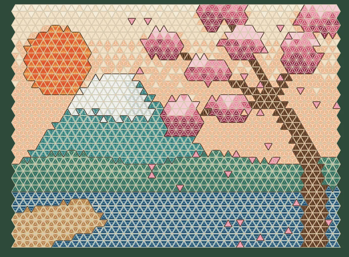 A kumiko panel design: a red sun, a snow-capped mountain and a cherry branch, built from thousands of triangular inserts in about twenty patterns