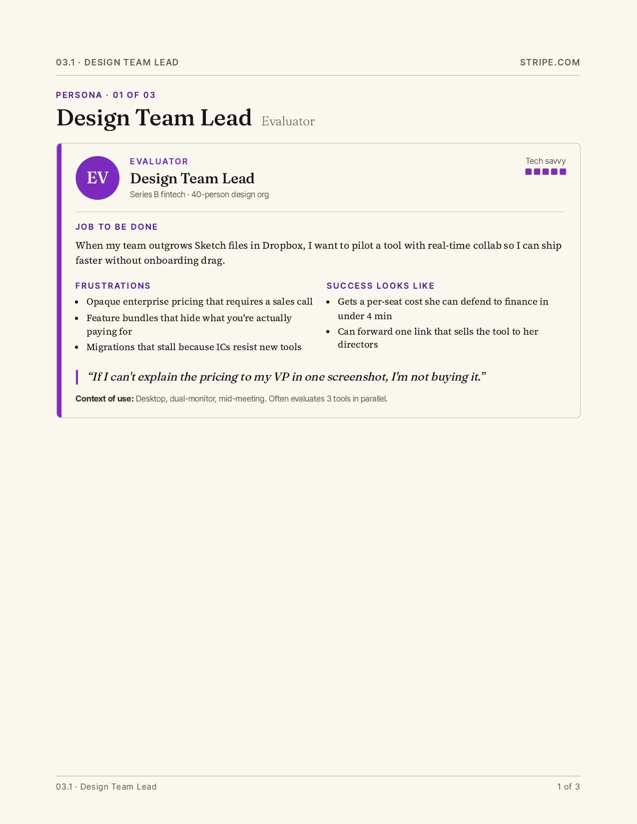 Page 5 — persona card. Design Team Lead (Evaluator) at a Series B fintech, 40-person design org. JTBD, frustrations, success criteria, in-voice quote.